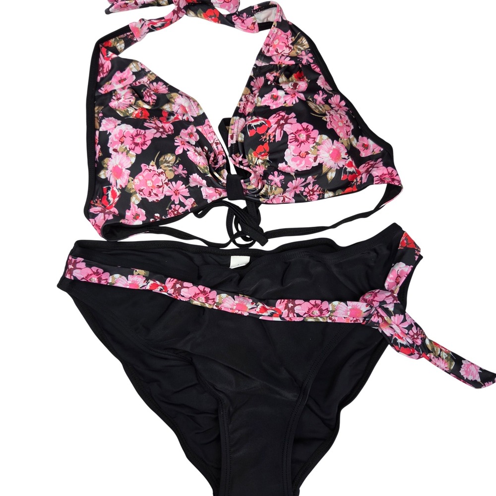 Upopby Bikini Set Womens L Black Pink Floral Halter Side Tie Beach 133 NWT‎